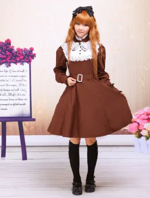 Coffee Cotton Stand Collar Long Sleeves Classic Lolita Dress