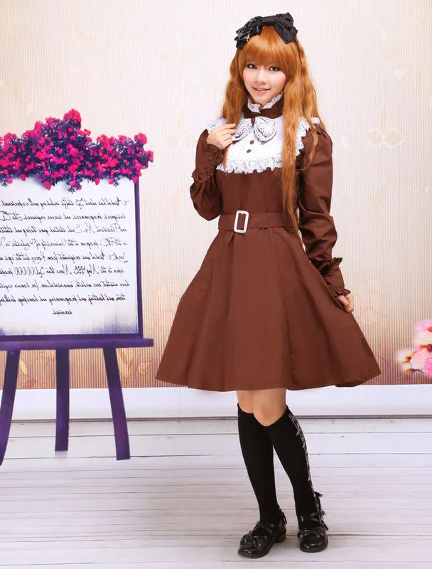Coffee Cotton Stand Collar Long Sleeves Classic Lolita Dress