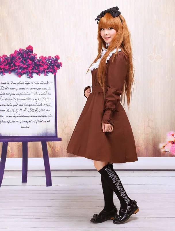 Coffee Cotton Stand Collar Long Sleeves Classic Lolita Dress