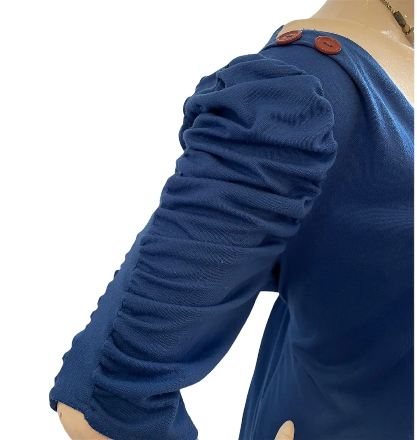 Colorblock Ruched Sleeve Blue White Dress