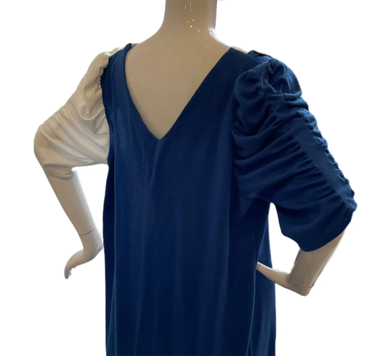 Colorblock Ruched Sleeve Blue White Dress