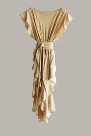 Convertible Ruffle Kaftan with Quilted Obi Belt Cotton Gauze Ecru {Made to Order}