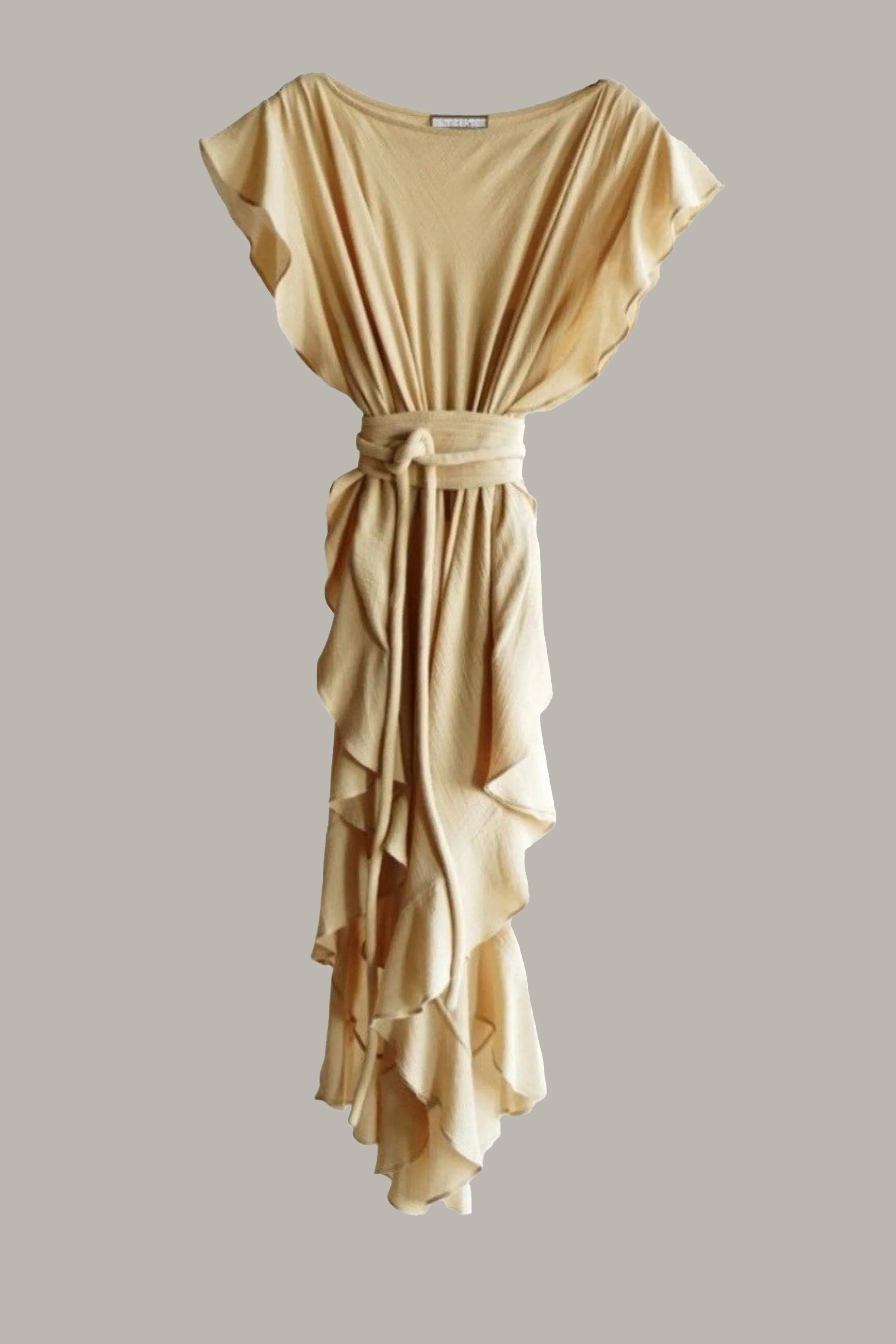 Convertible Ruffle Kaftan with Quilted Obi Belt Cotton Gauze Ecru {Made to Order}