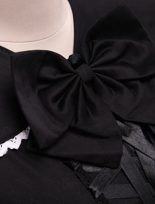 Cotton Black Loltia OP Dress Long Sleeves Lace Up Layered Ruffles Bow
