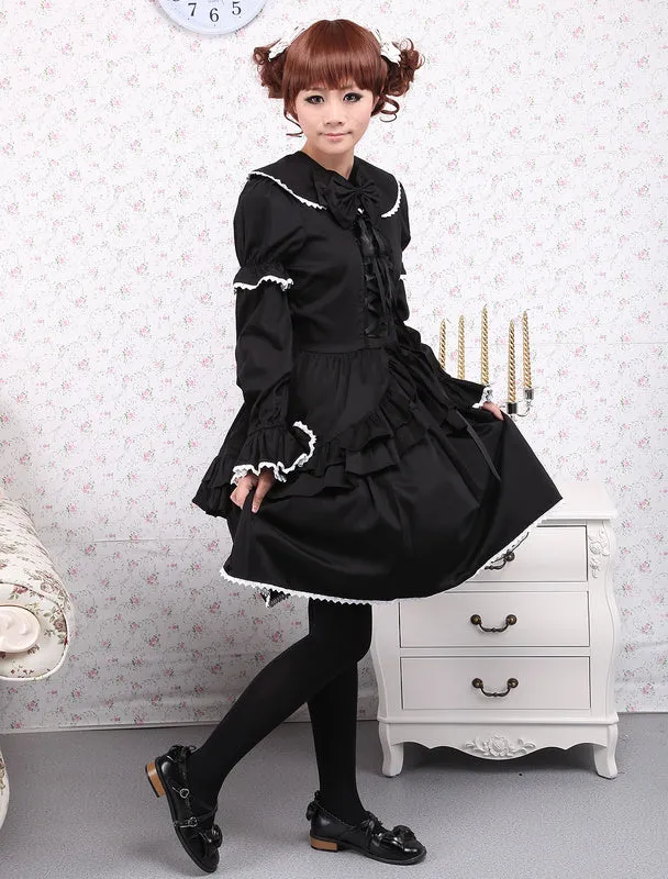 Cotton Black Loltia OP Dress Long Sleeves Lace Up Layered Ruffles Bow