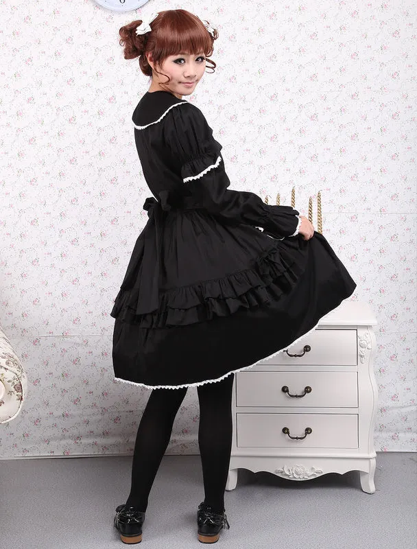 Cotton Black Loltia OP Dress Long Sleeves Lace Up Layered Ruffles Bow