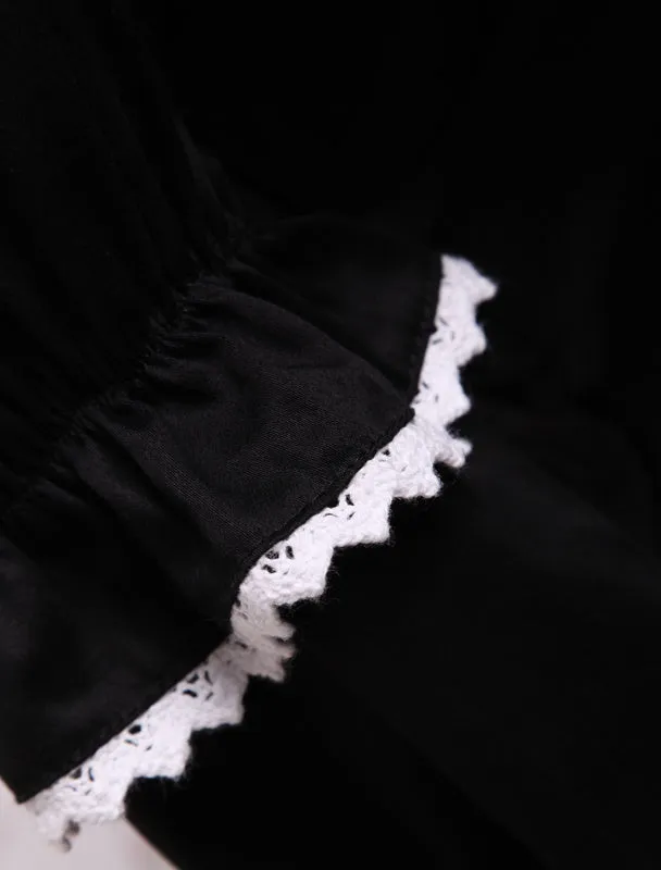 Cotton Black Loltia OP Dress Long Sleeves Lace Up Layered Ruffles Bow