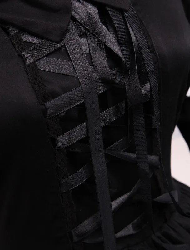 Cotton Black Loltia OP Dress Long Sleeves Lace Up Layered Ruffles Bow