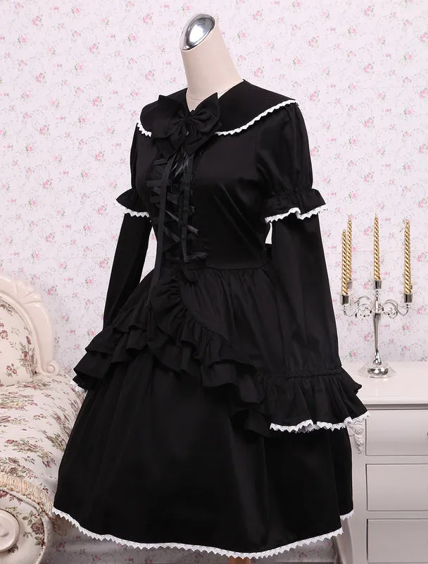 Cotton Black Loltia OP Dress Long Sleeves Lace Up Layered Ruffles Bow