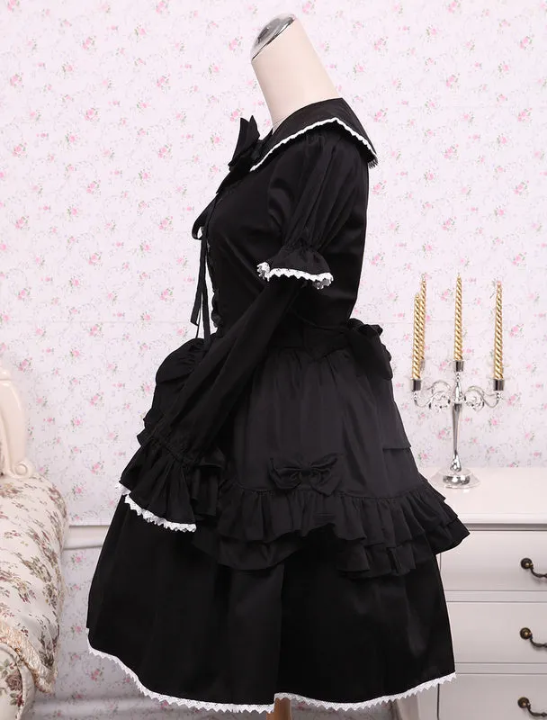Cotton Black Loltia OP Dress Long Sleeves Lace Up Layered Ruffles Bow