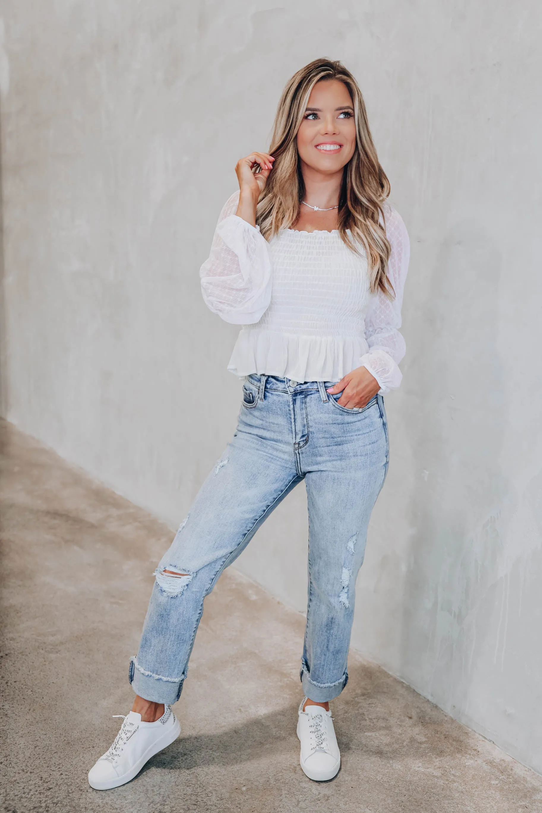 Daisy Mesh Sleeve Peplum Blouse