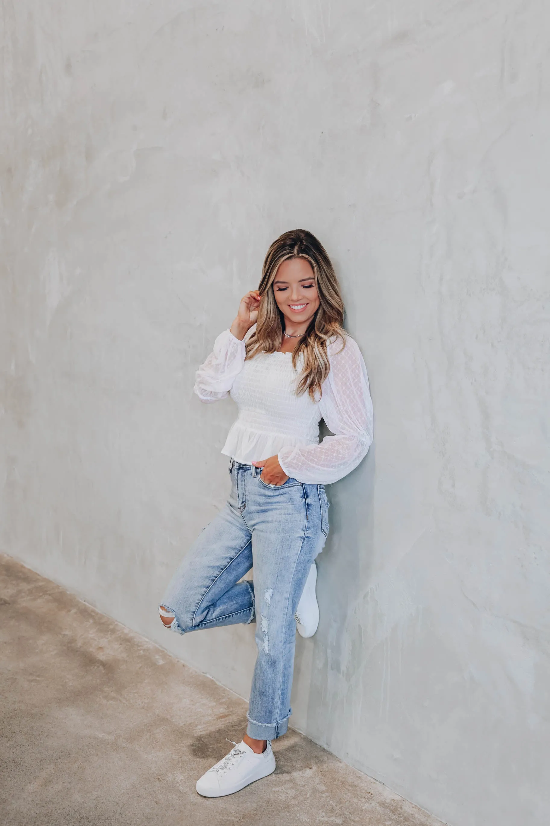 Daisy Mesh Sleeve Peplum Blouse