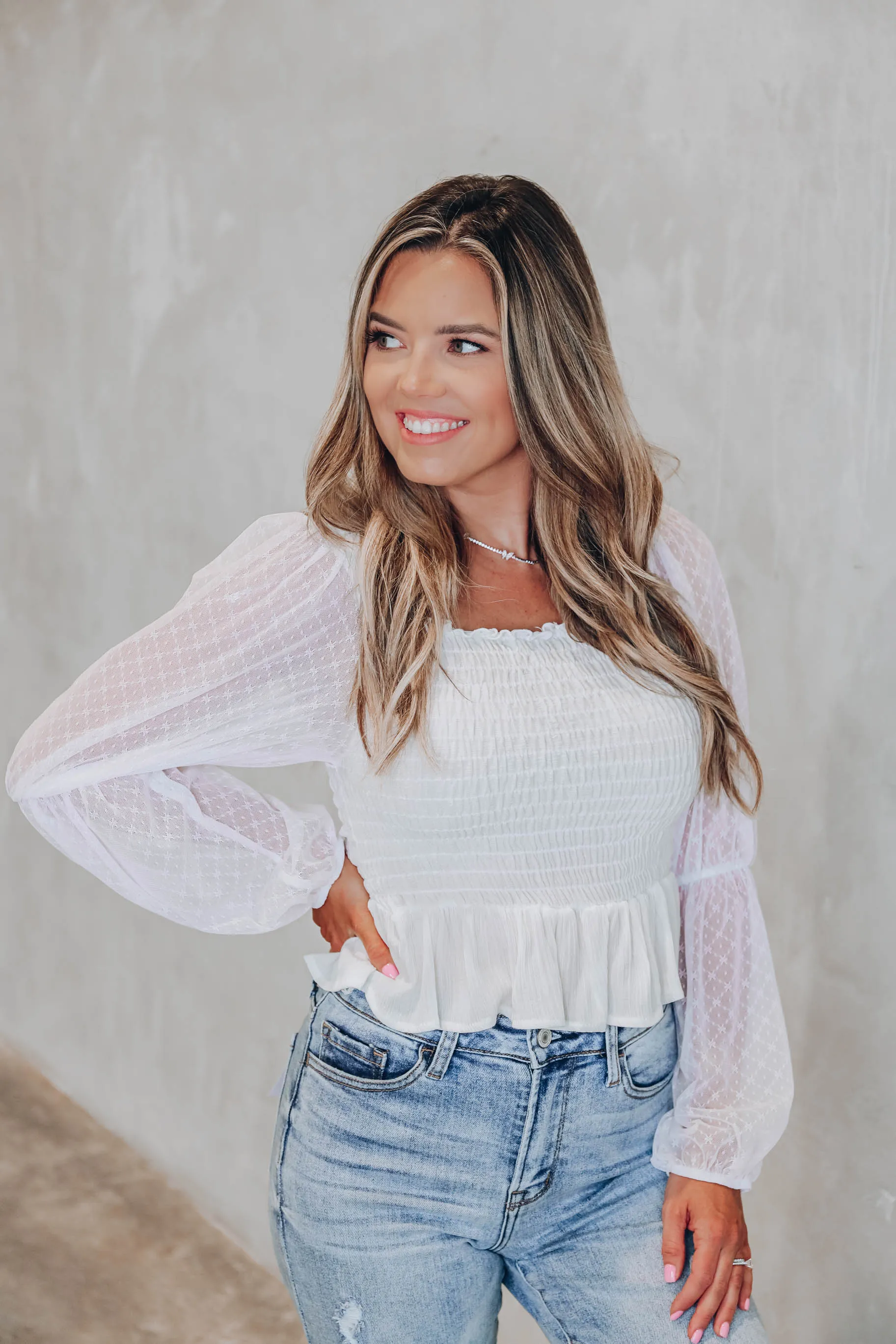 Daisy Mesh Sleeve Peplum Blouse