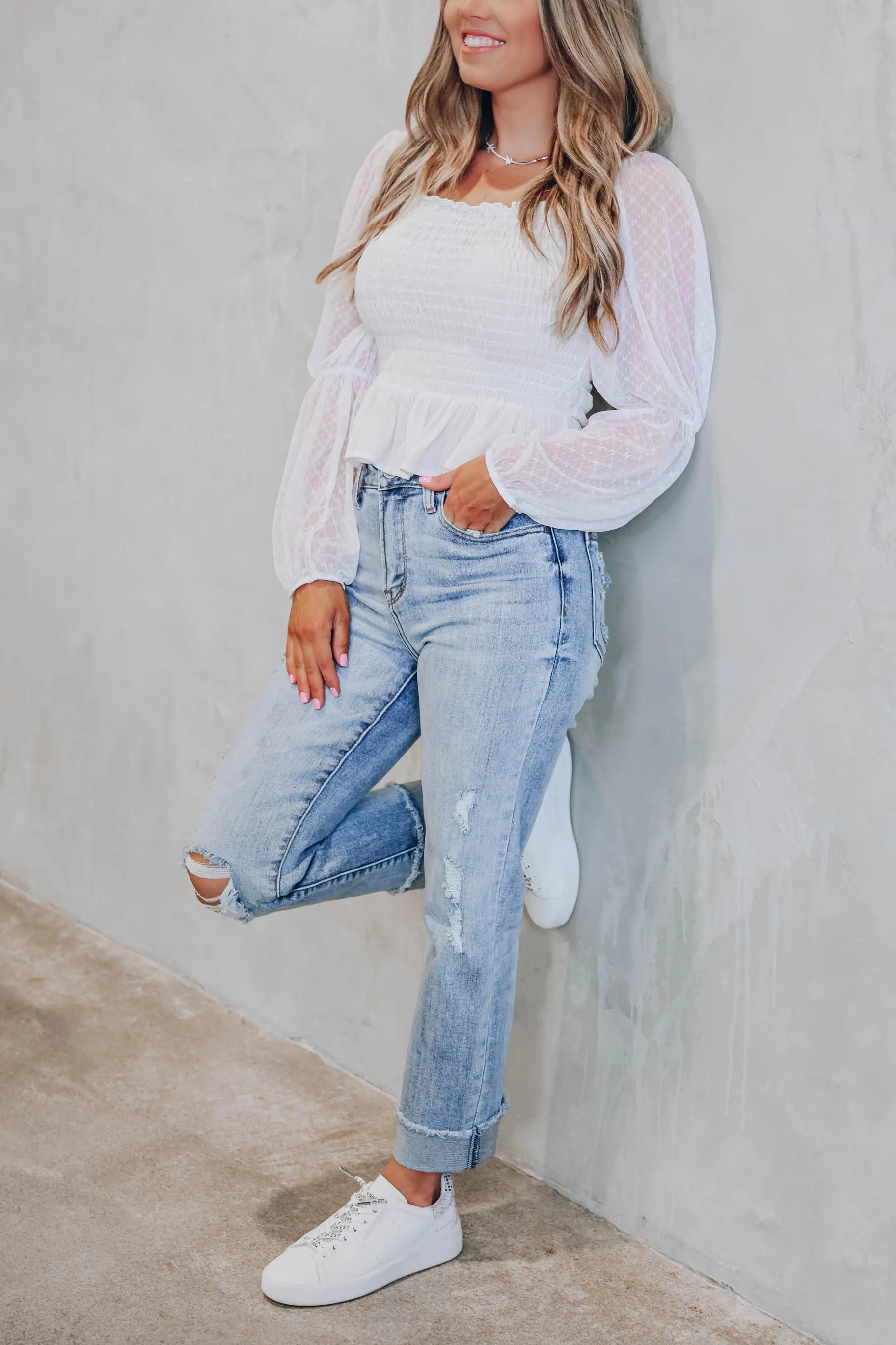 Daisy Mesh Sleeve Peplum Blouse