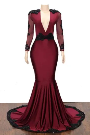 Deep V-neck Long Sleeve Beaded Mermaid Prom Dresses