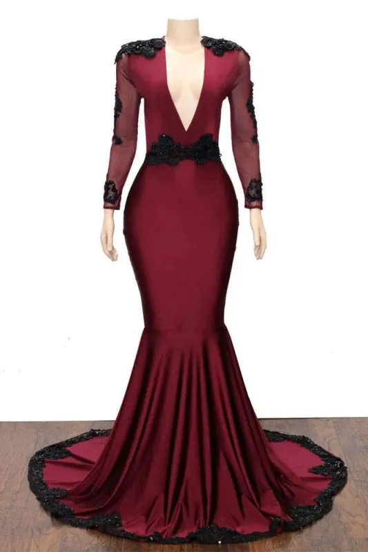Deep V-neck Long Sleeve Beaded Mermaid Prom Dresses
