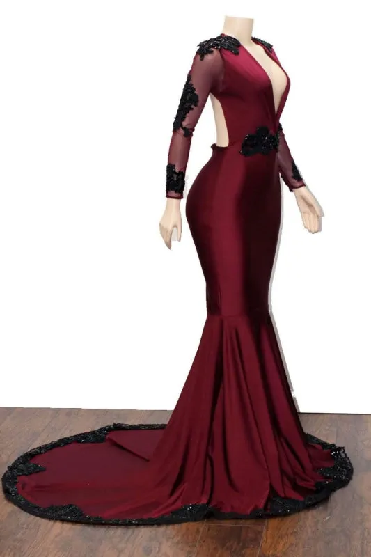Deep V-neck Long Sleeve Beaded Mermaid Prom Dresses