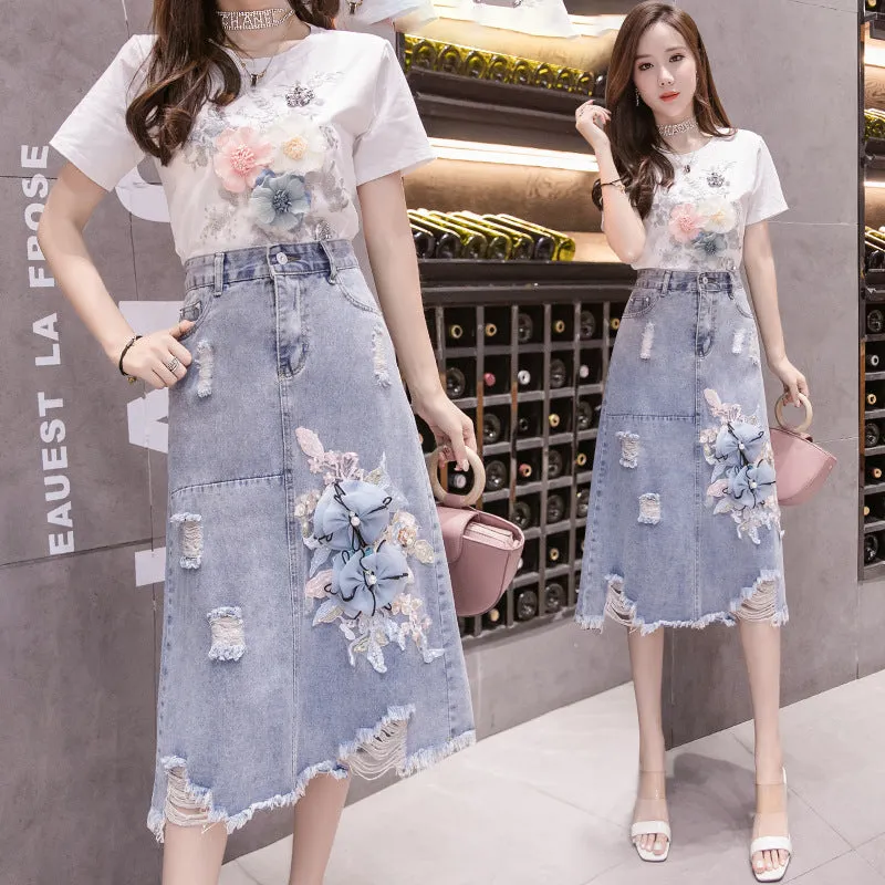 Denim Nail-Beaded Skirt