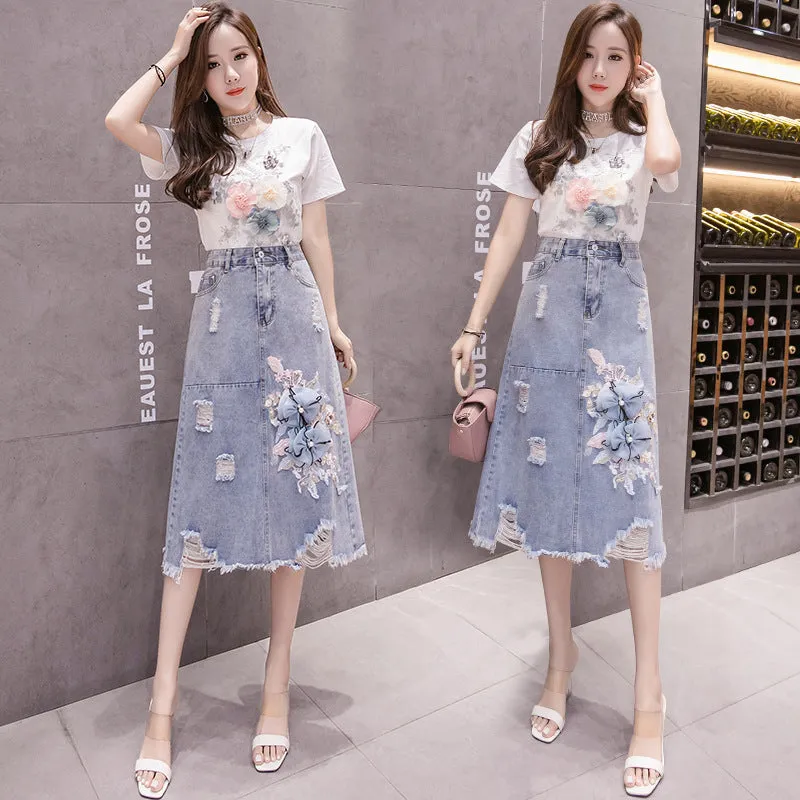 Denim Nail-Beaded Skirt
