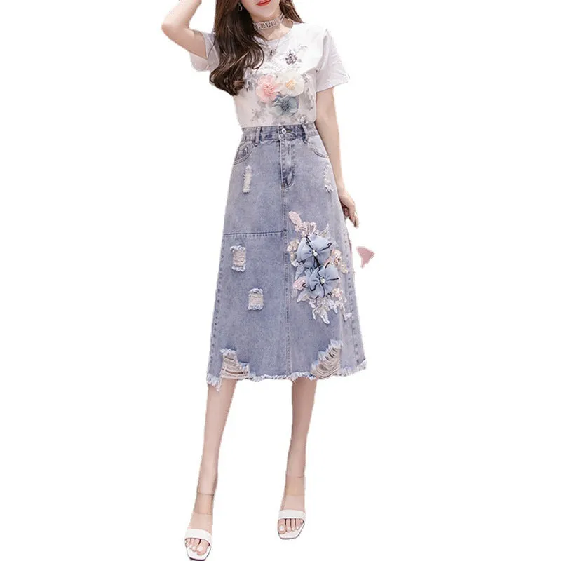 Denim Nail-Beaded Skirt