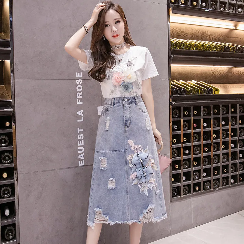 Denim Nail-Beaded Skirt