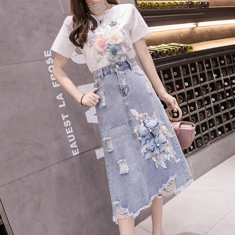Denim Nail-Beaded Skirt
