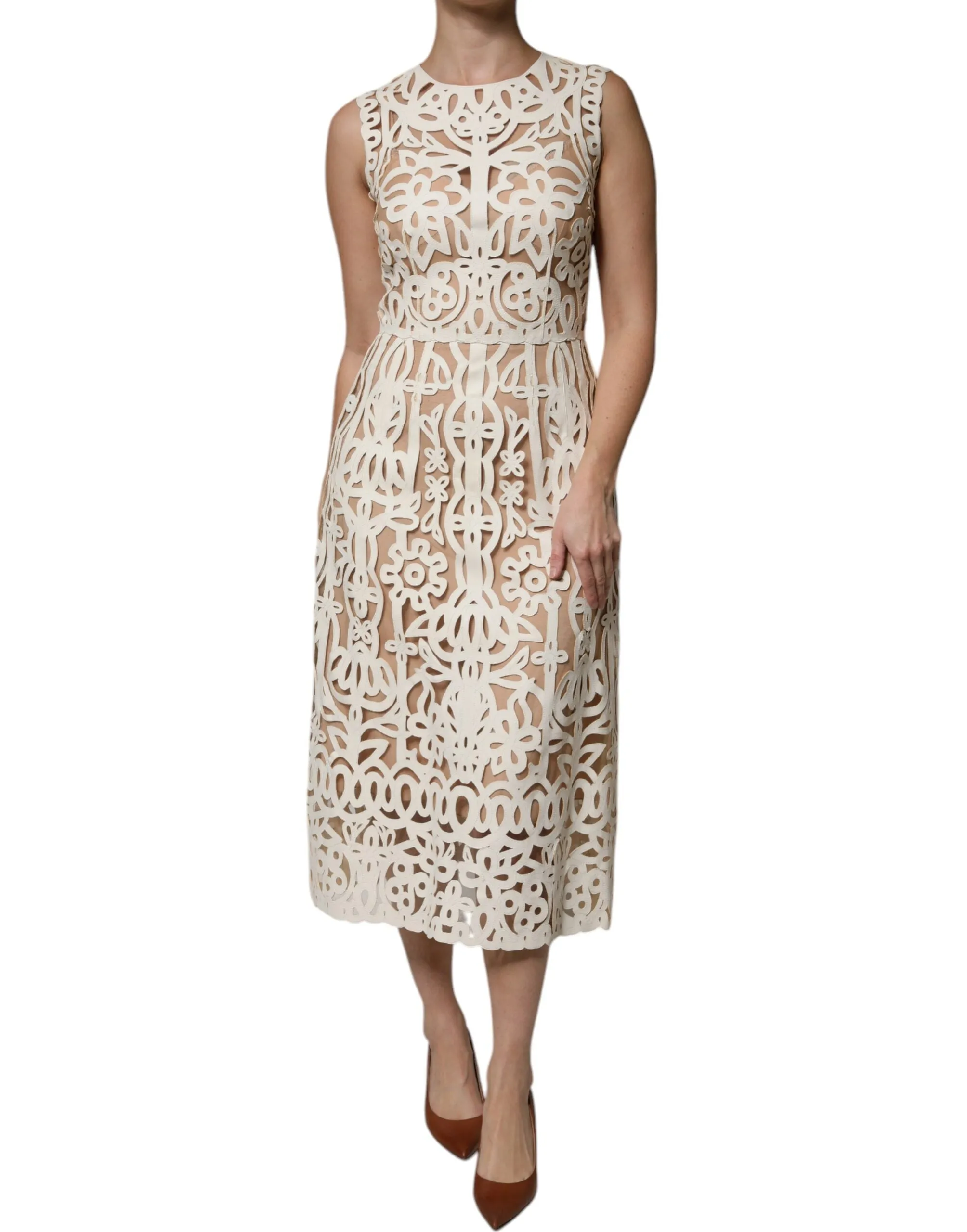 Dolce&Gabbana Women White Dress Leather Cut Out Sleeveless A-Line Gown Sz IT 40
