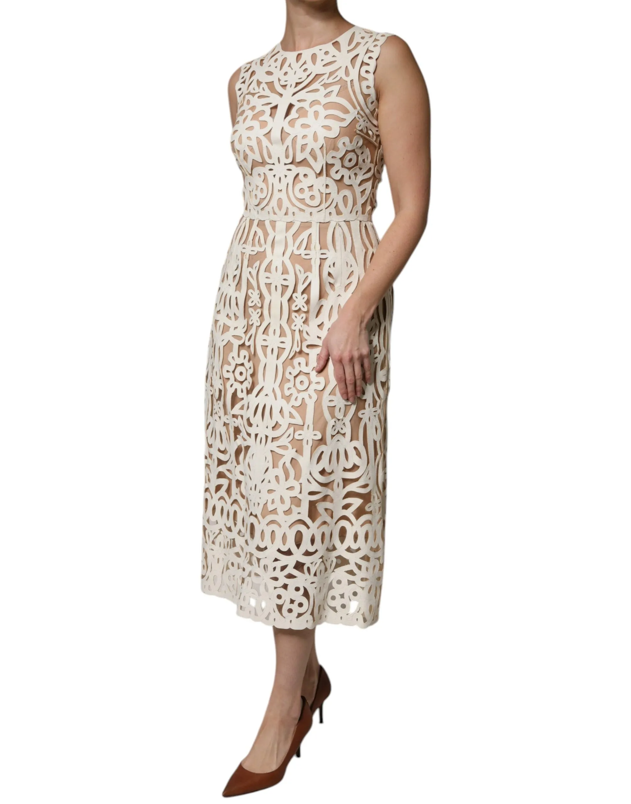 Dolce&Gabbana Women White Dress Leather Cut Out Sleeveless A-Line Gown Sz IT 40