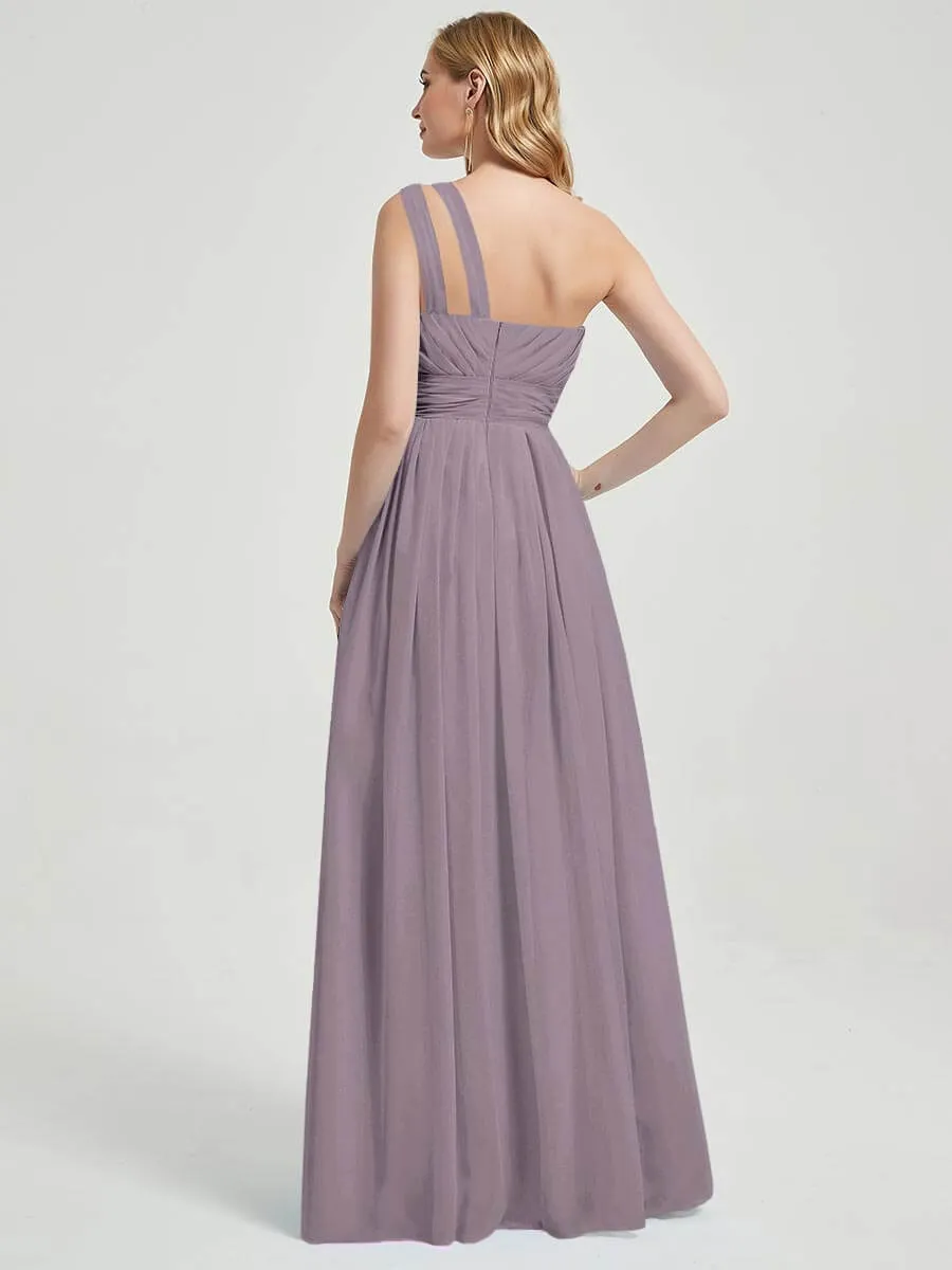 Dusk Pleated One Shoulder A-Line Floor Length Chiffon Bridesmaid Dress