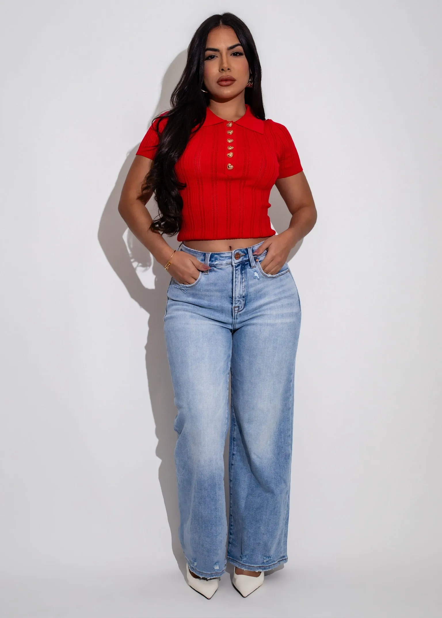 Elegant Essentials Knit Polo Long Top Red