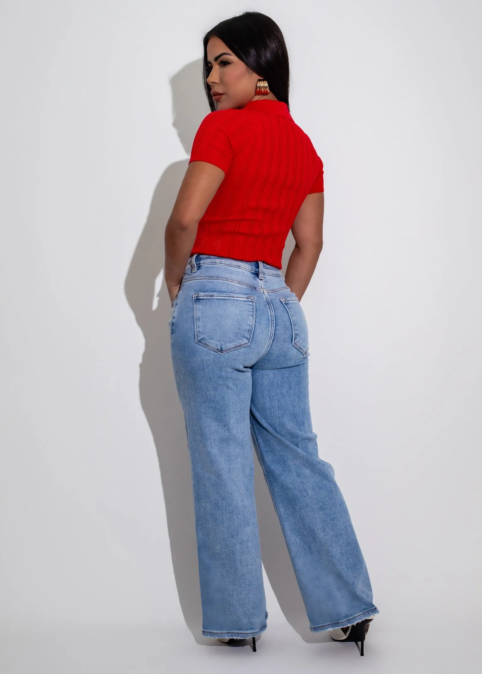 Elegant Essentials Knit Polo Long Top Red