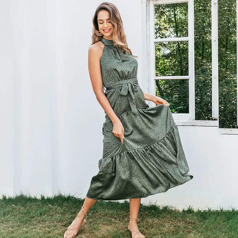 Elegant Green Sleeveless Halter Floral Maxi Dresses