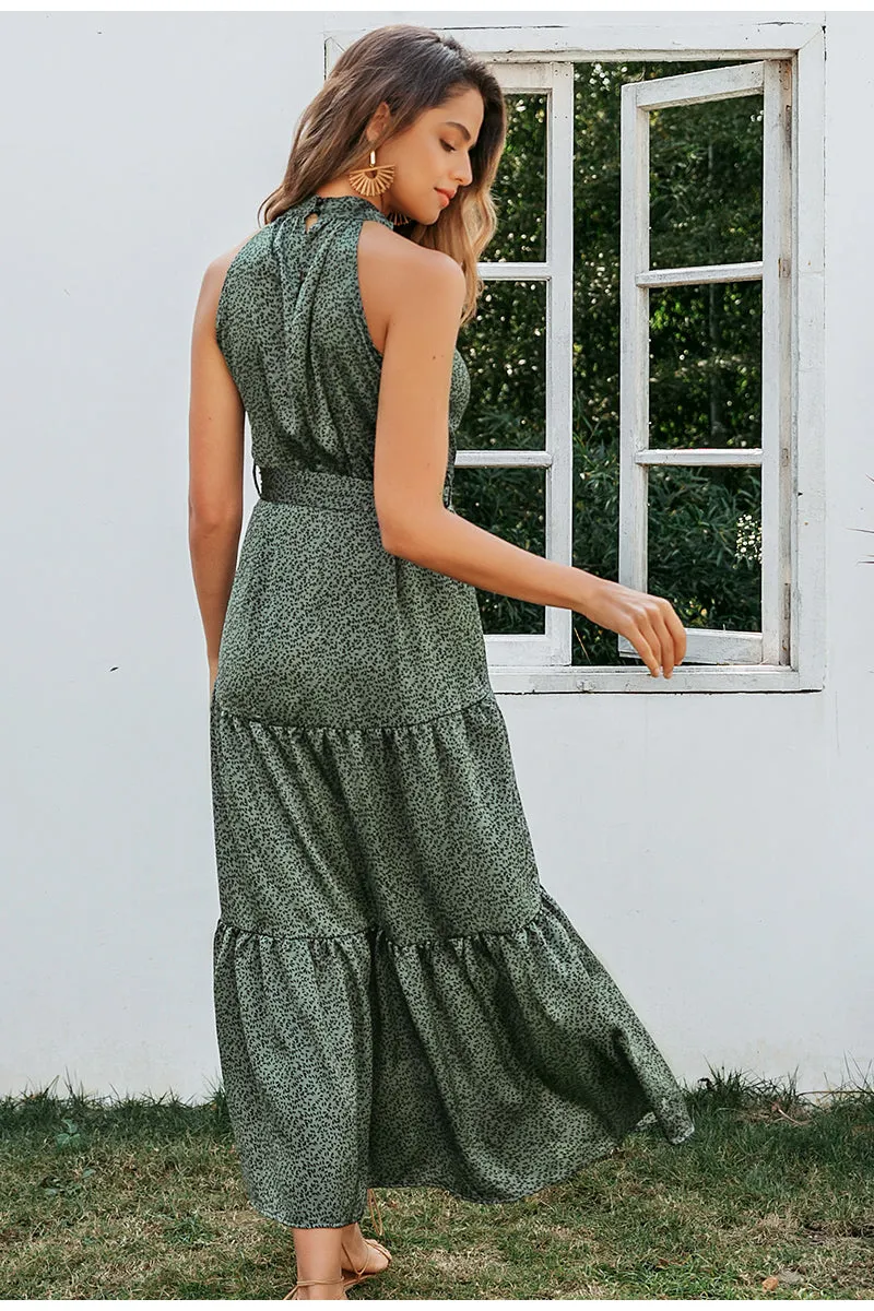 Elegant Green Sleeveless Halter Floral Maxi Dresses