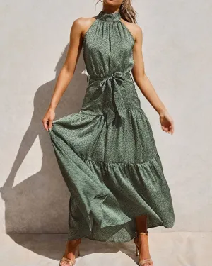 Elegant Green Sleeveless Halter Floral Maxi Dresses