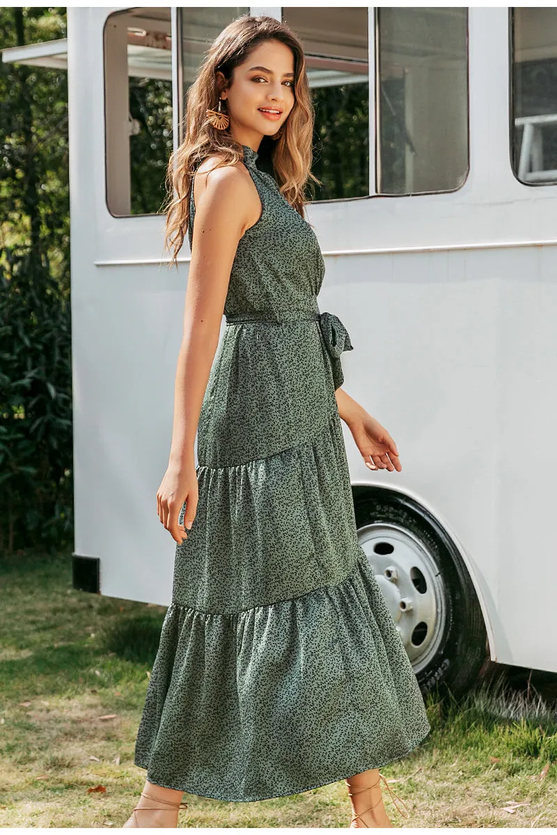 Elegant Green Sleeveless Halter Floral Maxi Dresses