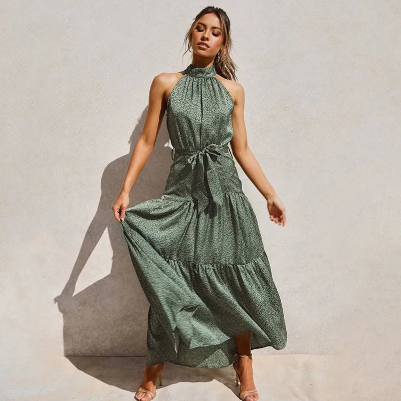 Elegant Green Sleeveless Halter Floral Maxi Dresses