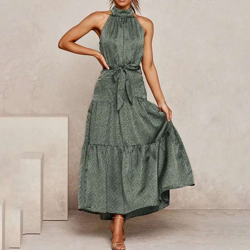 Elegant Green Sleeveless Halter Floral Maxi Dresses