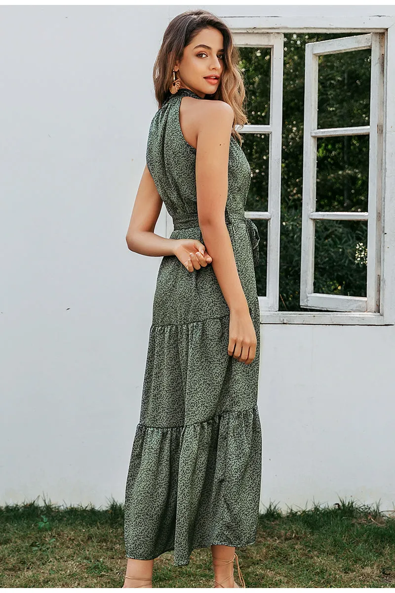 Elegant Green Sleeveless Halter Floral Maxi Dresses