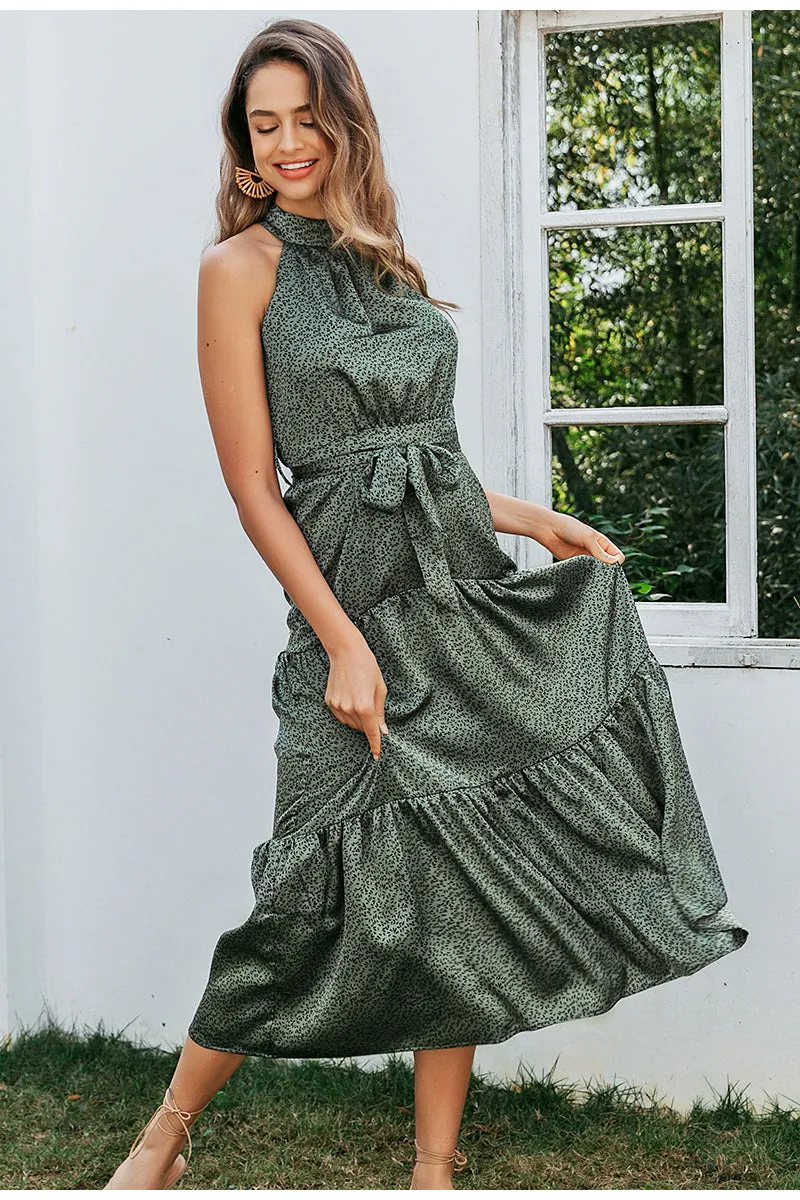 Elegant Green Sleeveless Halter Floral Maxi Dresses