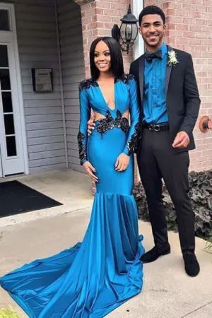 Elegant Long Sleeves Deep V Neck Mermaid Prom Dresses with Blace lace Appliques