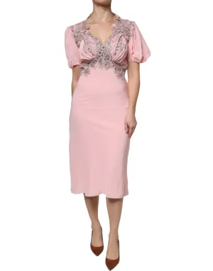 ERMANNO SCERVINO Women Pink Dress 100% Silk Floral Lace Party Midi Gown Sz IT 44