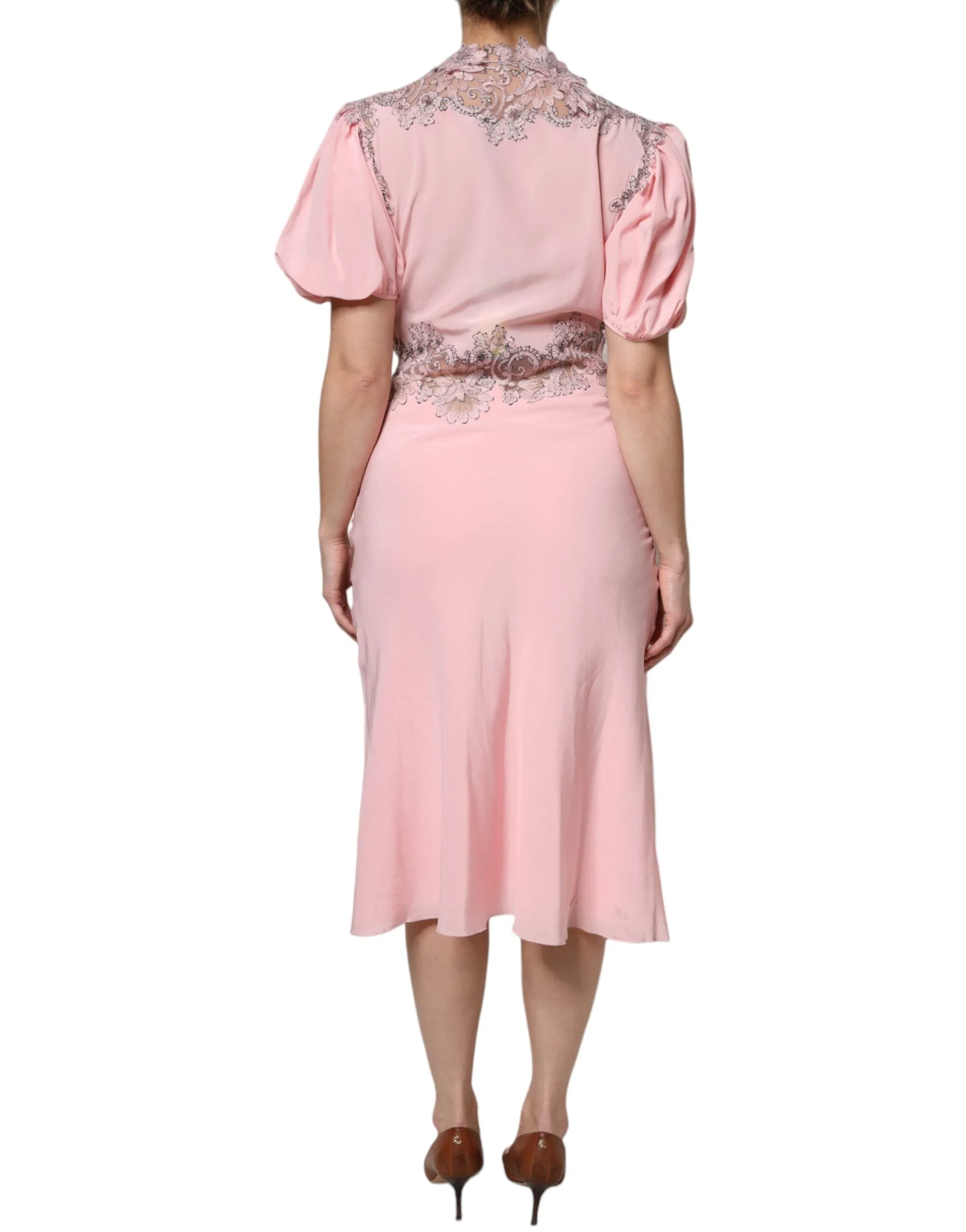 ERMANNO SCERVINO Women Pink Dress 100% Silk Floral Lace Party Midi Gown Sz IT 44