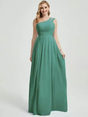 Eucalyptus Pleated One Shoulder A-Line Maxi Chiffon Bridesmaid Dress