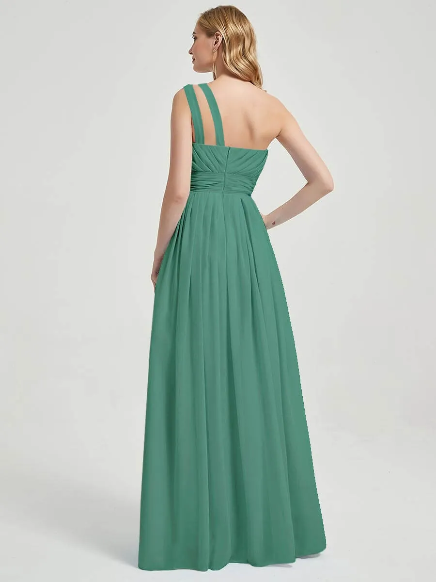 Eucalyptus Pleated One Shoulder A-Line Maxi Chiffon Bridesmaid Dress