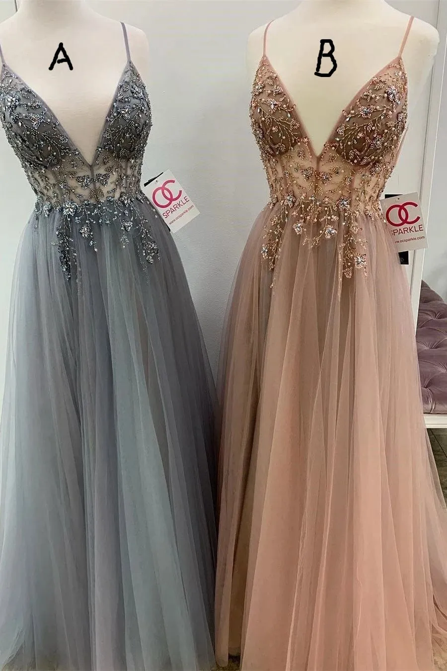 Eye-catching Illusion Prom Dresses Tulle Spaghetti Straps A-line Formal Gowns CP114