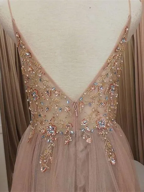 Eye-catching Illusion Prom Dresses Tulle Spaghetti Straps A-line Formal Gowns CP114
