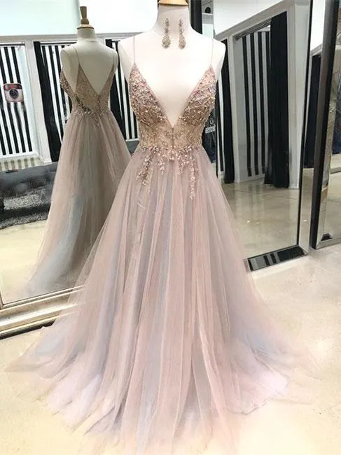 Eye-catching Illusion Prom Dresses Tulle Spaghetti Straps A-line Formal Gowns CP114