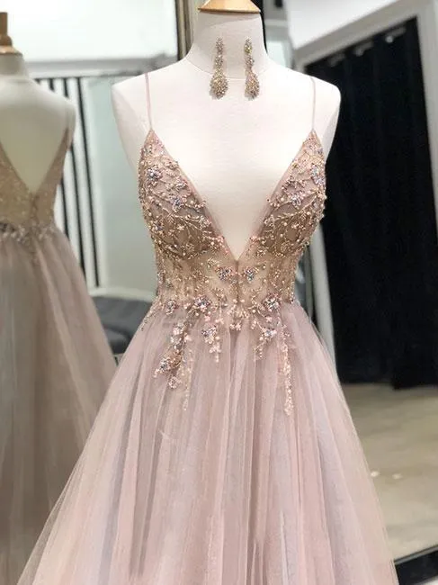 Eye-catching Illusion Prom Dresses Tulle Spaghetti Straps A-line Formal Gowns CP114
