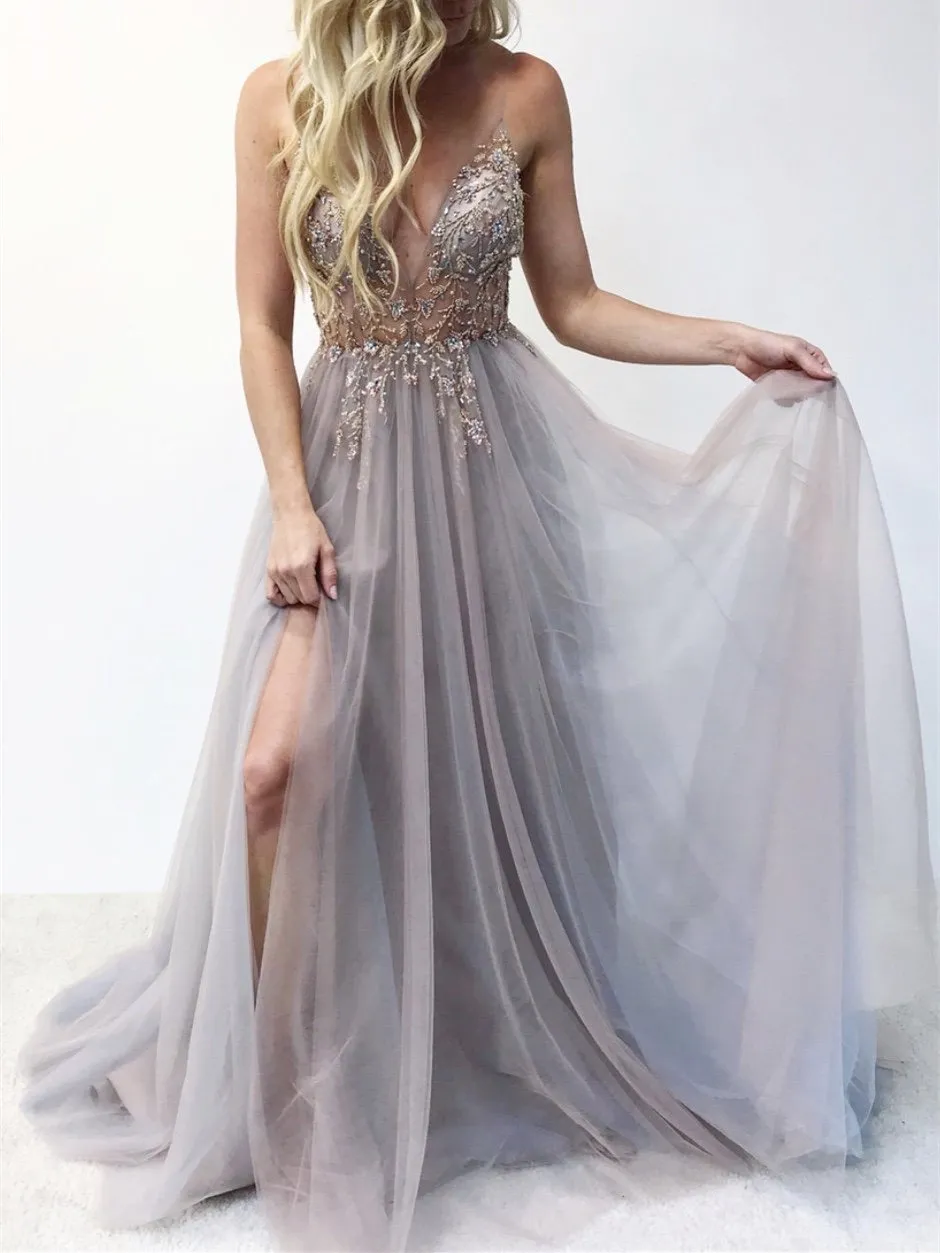 Eye-catching Illusion Prom Dresses Tulle Spaghetti Straps A-line Formal Gowns CP114