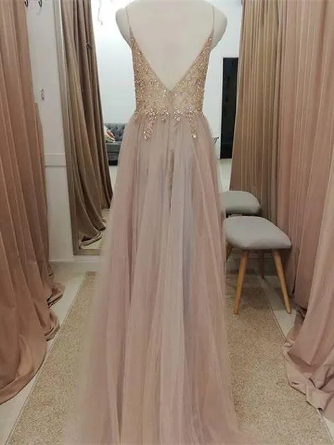 Eye-catching Illusion Prom Dresses Tulle Spaghetti Straps A-line Formal Gowns CP114